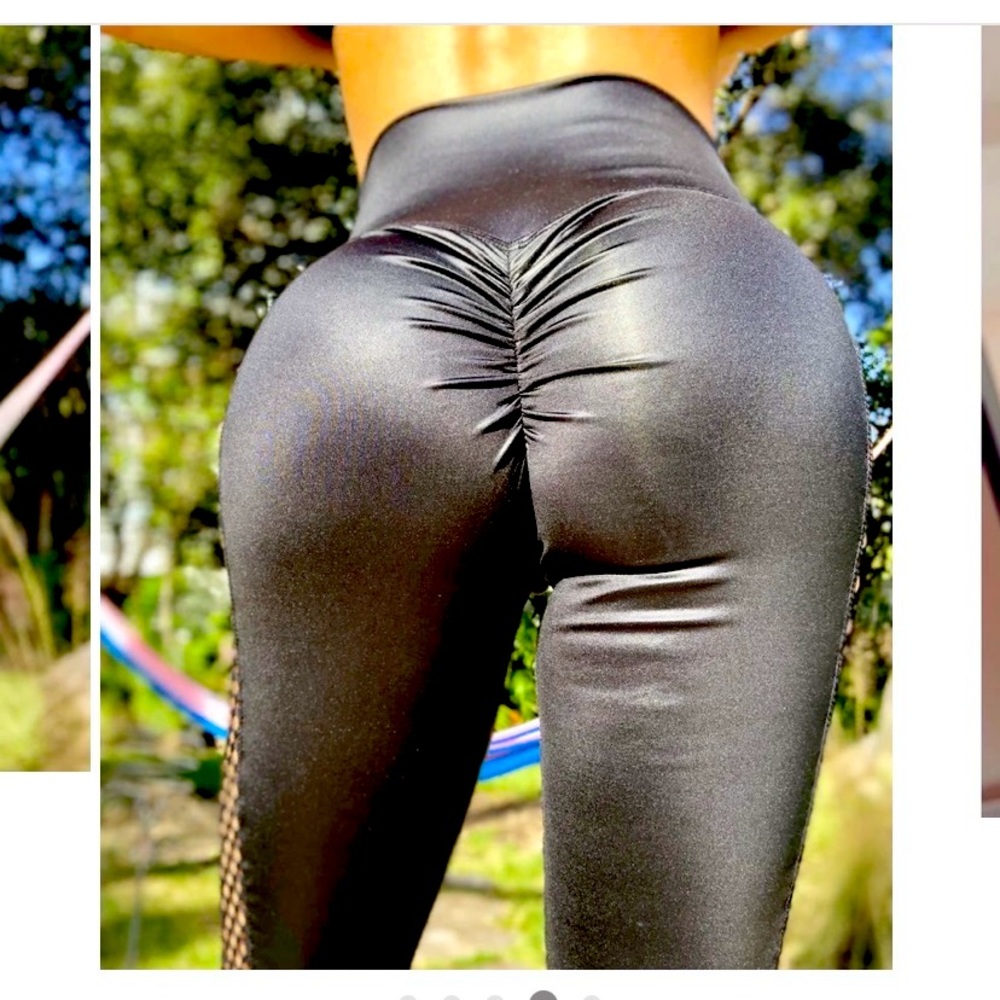 Like New ABS2B Black Faux Leather Fishnet Scrunch Butt Leggings Yoga Pants S